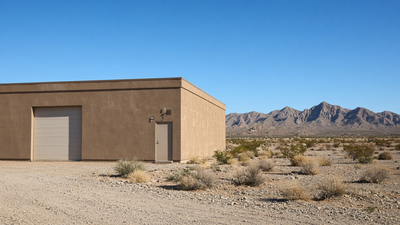 Low commercial building along a desert edge in daylight
